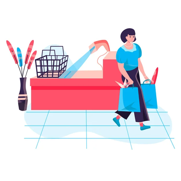 Concetto di donna della spesa. Acquirente donna che trasporta gli acquisti dopo il pagamento alla cassa cassa. Comprare clienti sulla scena dei personaggi dei supermercati. Illustrazione vettoriale in design piatto con attività di persone — Vettoriale Stock