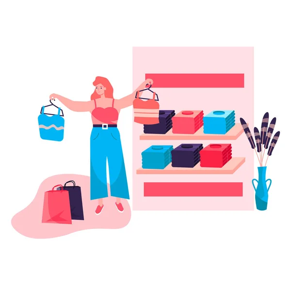 Concepto de mujer de compras. El comprador elige ropa nueva y elegante de pie cerca de bastidores en la tienda de la sala de exposición. Compra de clientes en la escena del personaje boutique. Ilustración vectorial en diseño plano con actividades para personas — Archivo Imágenes Vectoriales