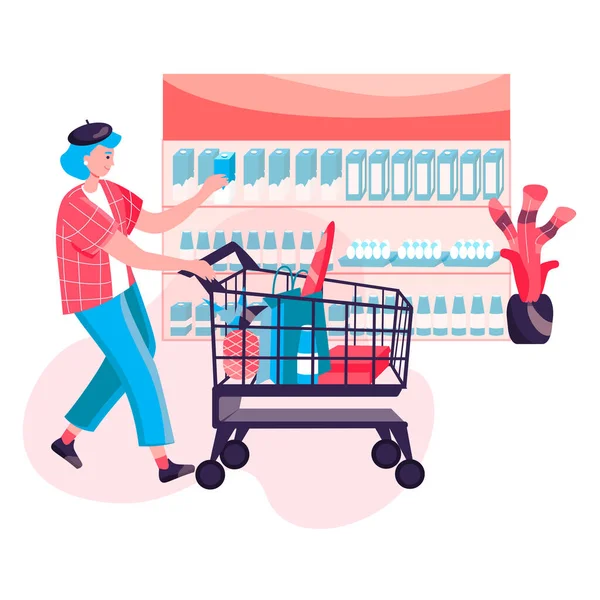 Alışveriş kadını konsepti. Müşteri yiyecek alıyor ve alışveriş çantalarını el arabasında taşıyor. Alıcı süpermarket karakter sahnesinde tramvayla yürüyor. Düz tasarımda insan etkinlikleriyle vektör illüstrasyonu — Stok Vektör