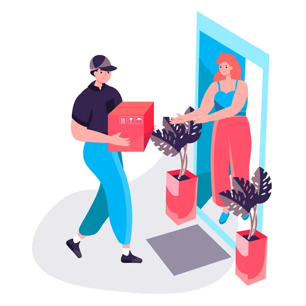 Conceito de serviço de entrega. Correio entrega parcela ao cliente em casa, mulher recebe ordem. Transporte expresso, cena de caráter logístico. Ilustração vetorial em design plano com atividades de pessoas —  Vetores de Stock