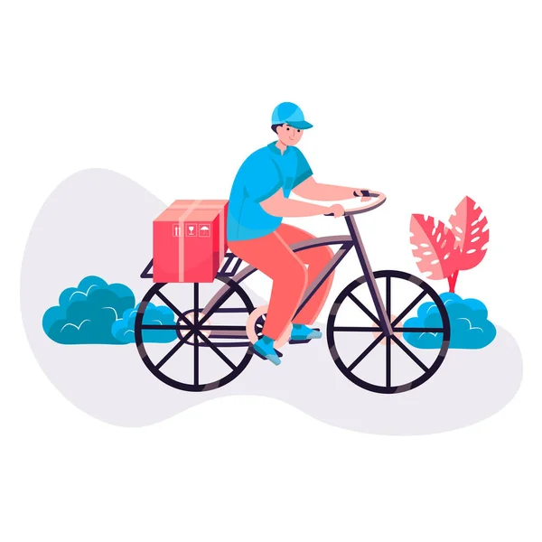 Bezorgingsconcept. Koerier op fietsendragers pakketdoos naar klant thuis. Express scheepvaart, distributie, logistieke karakter scène. Vector illustratie in plat ontwerp met mensen activiteiten — Stockvector