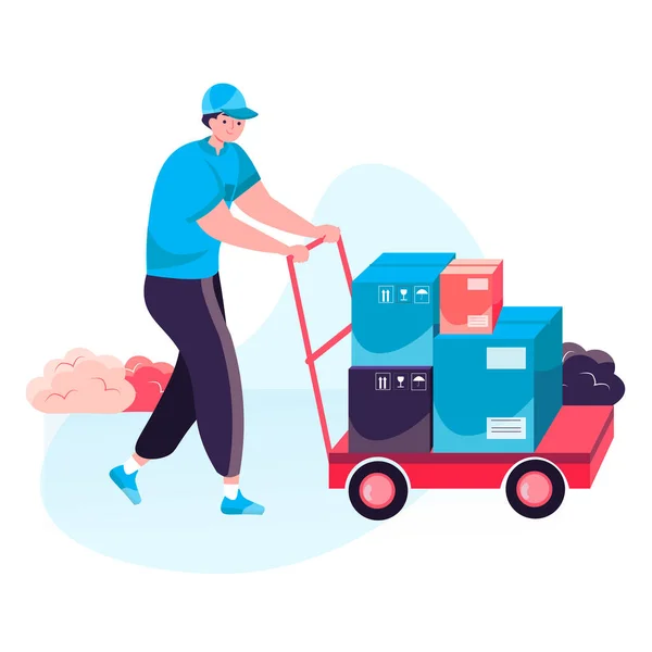 Delivery service concept. Warehouse worker carries parcels boxes on wheelbarrow. Express shipping, distribution, post character scene. Vector illustration in flat design with people activities — Stock Vector