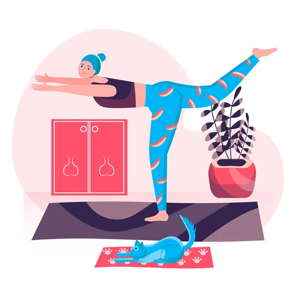 Fitness-Trainingskonzept. Frau beim Yoga-Asana mit Katze zu Hause. Aktivsport, Wellness, Körpertraining, Pilates-Charakter-Szene. Vektor-Illustration in flachem Design mit Menschen-Aktivitäten — Stockvektor