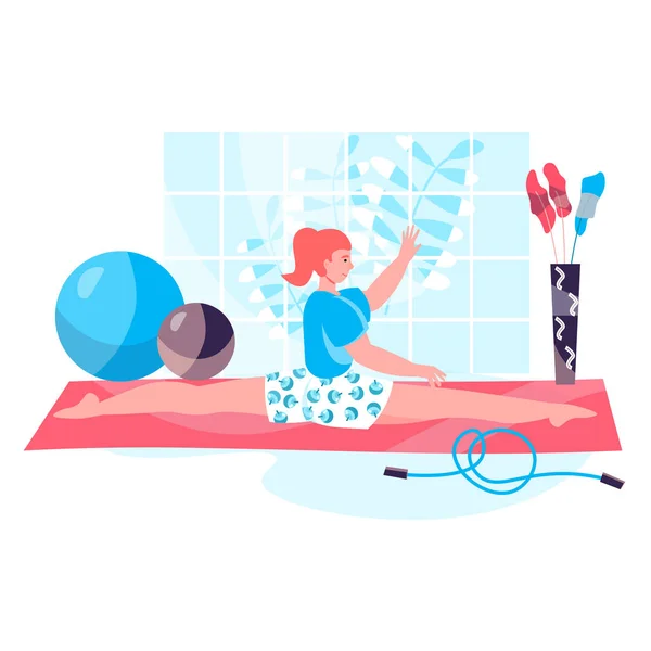 Fitness-Trainingskonzept. Frau, die im Bindfaden sitzt und Turnübungen macht. Aktivsport, Wellness, Körpertraining, Pilates-Charakter-Szene. Vektor-Illustration in flachem Design mit Menschen-Aktivitäten — Stockvektor