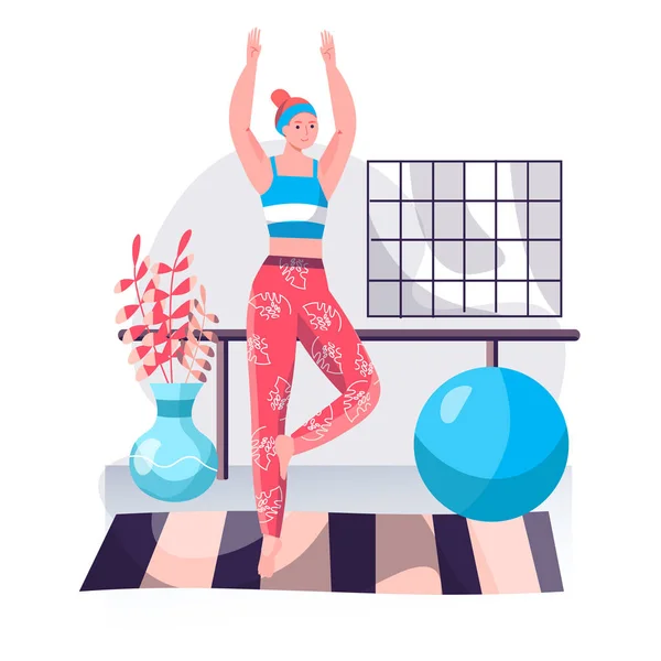 Fitness-Trainingskonzept. Frau, die Yoga-Asana macht und Gleichgewichtsstellungen ausführt. Aktivsport, Wellness, Körpertraining, Pilates-Charakter-Szene. Vektor-Illustration in flachem Design mit Menschen-Aktivitäten — Stockvektor