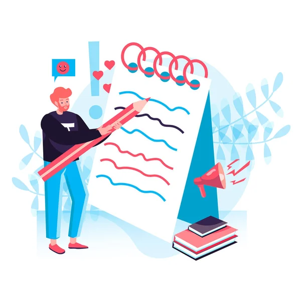 Journalism concept. Man journalists writes notes in notebook, create article for online media. Content writer working character scene. Vector illustration in flat design with people activities — Διανυσματικό Αρχείο