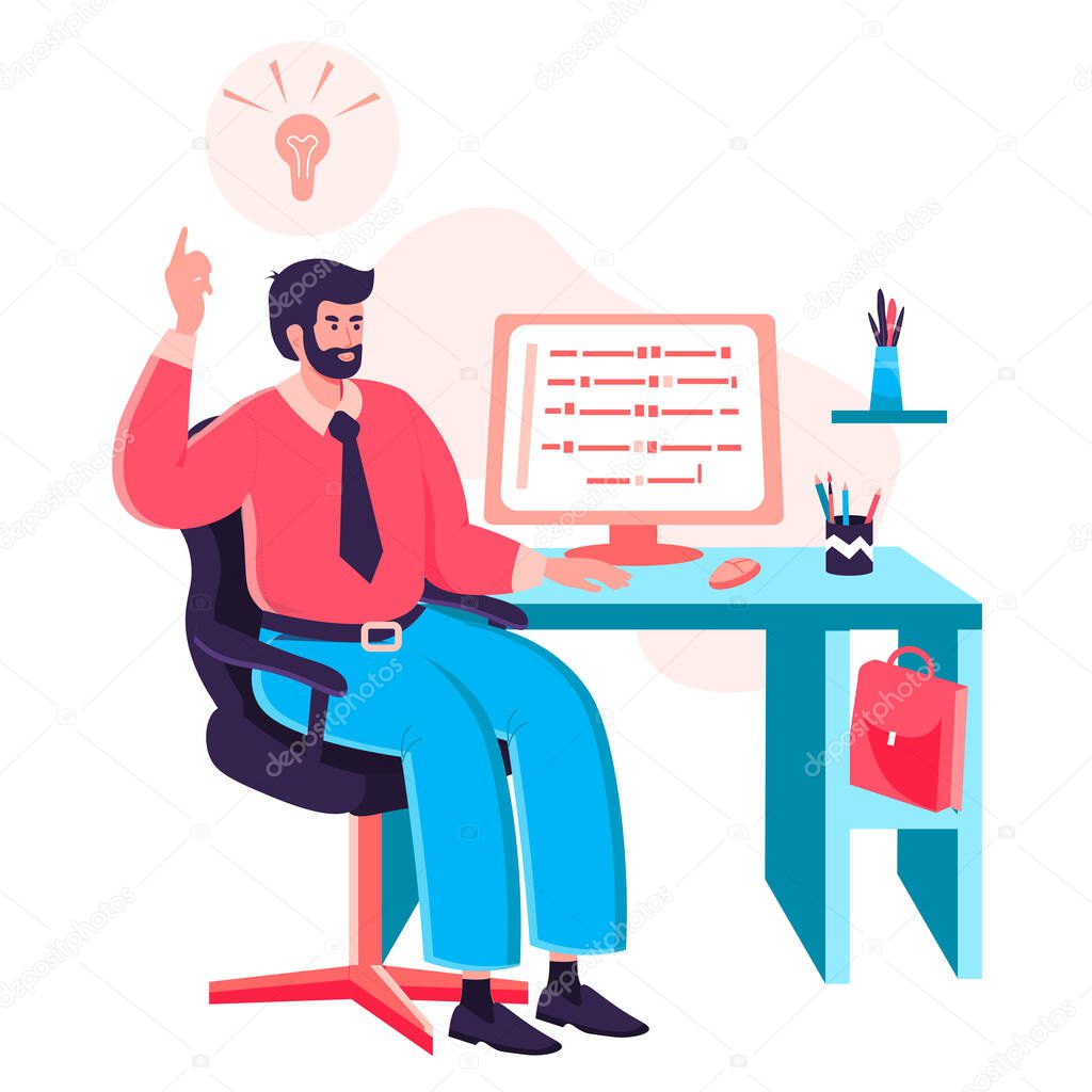 Programmer working at office concept. Developer writes code on computer sitting at desk. Software and programs development character scene. Vector illustration in flat design with people activities