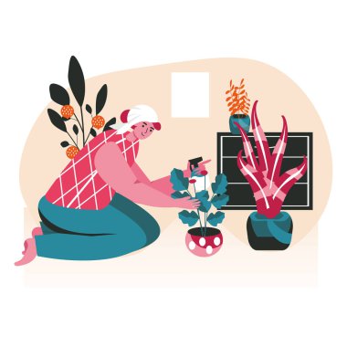 İnsanlar hafta sonunu ev sahnesi konseptinde geçirirler. Saksı sulayan kadın, kapalı alandaki çiçeklerle ilgilenen. Dinlenmek, hobi ve boş zaman, insan aktiviteleri. Düz dizayndaki karakterlerin vektör illüstrasyonu