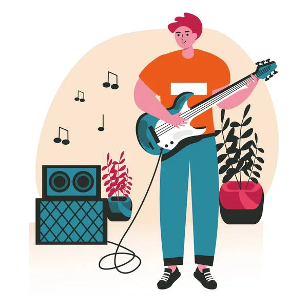 La gente fa il loro concetto preferito di scena hobby. L'uomo sta imparando a suonare la chitarra. Musicista esegue canzoni con chitarra sul palco, persone creative attività. Illustrazione vettoriale dei personaggi in design piatto — Vettoriale Stock