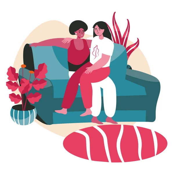 Çeşitli homoseksüel, çok ırklı lezbiyen çiftler sahne konsepti. Kadınlar kanepede otururken sarılıyor. Aile, romantik ilişki, insan ilişkileri. Düz dizayndaki karakterlerin vektör illüstrasyonu — Stok Vektör