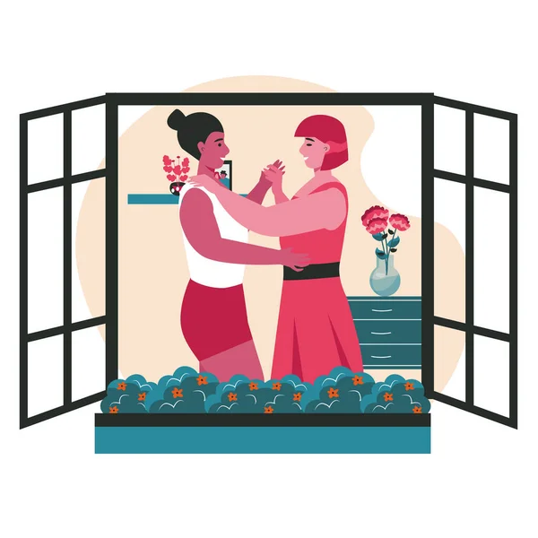 Diverso concepto de escena homosexual multirracial de parejas lesbianas. Mujeres bailando en la ventana del edificio. Familia, relación romántica, actividades de la gente. Ilustración vectorial de personajes en diseño plano — Vector de stock