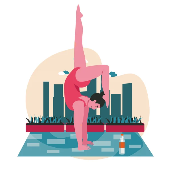 Leute, die Yoga-Asanas-Szene-Konzept. Frau macht Handstand. Sporttraining, Körper- und Gesundheitspflege, körperliche Entwicklung, menschliche Aktivitäten. Vektorillustration von Zeichen in flachem Design — Stockvektor