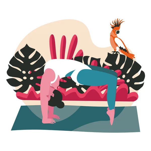 Leute, die Yoga-Asanas-Szene-Konzept. Frau übt Brückenhaltung. Sporttraining, gymnastisches Training, körperliche Entwicklung, menschliche Aktivitäten. Vektorillustration von Zeichen in flachem Design — Stockvektor