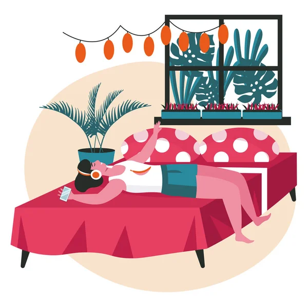 Verschillende mensen ontspannen in gezellige slaapkamer scene concept. Een vrouw met een koptelefoon die naar muziek op bed luistert. Rust en vrije tijd mensen activiteiten. Vector illustratie van karakters in plat ontwerp — Stockvector