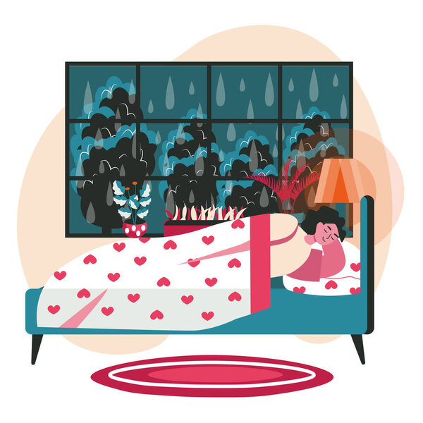 Different people relaxing in cozy bedroom scene concept. Woman sleeps in bed while it is raining outside window. Rest and leisure people activities. Vector illustration of characters in flat design