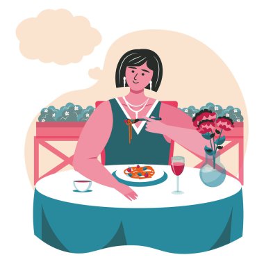 Rüya gören insanlar sahne konsepti. Kadın restoranda yemek yiyor, kafasında boş bir baloncukla düşünüyor. Hayal gücü, rahatlama, hayal kuran insanlar. Düz dizayndaki karakterlerin vektör illüstrasyonu