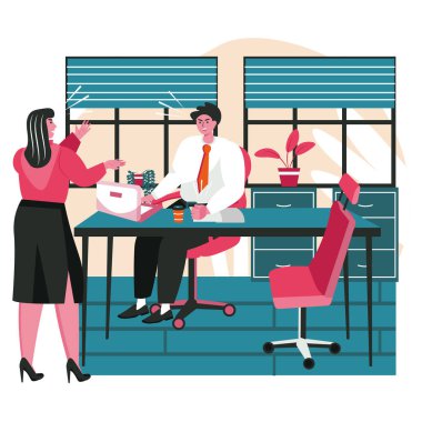 İş dünyası sahne konseptinde kabalık. İş kadını meslektaşına bağırıyor. Çalışanlar agresif bir şekilde tartışır. Stres ofisi insan aktiviteleri yapar. Düz dizayndaki karakterlerin vektör illüstrasyonu