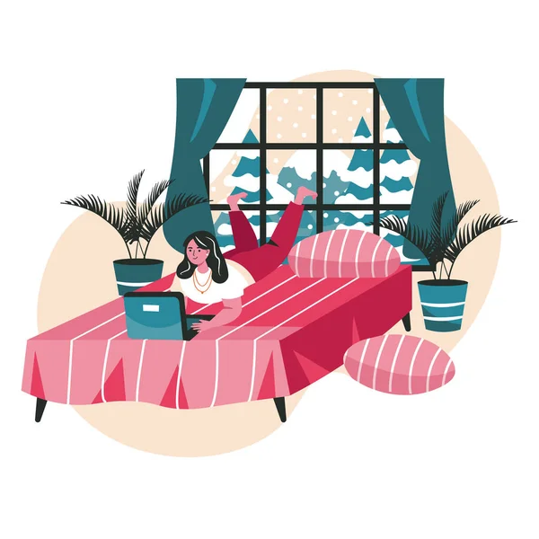 Verschillende mensen ontspannen in gezellige slaapkamer scene concept. Een vrouw op bed met een laptop. Freelance, afstandsonderwijs, vrijetijdsbesteding. Vector illustratie van karakters in plat ontwerp — Stockvector