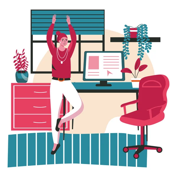 Diverse persone esercitano nel concetto di scena sul posto di lavoro. Donna che allena yoga in pausa, in piedi in posizione sull'albero. Attività di lavoro d'ufficio. Illustrazione vettoriale dei personaggi in design piatto — Vettoriale Stock