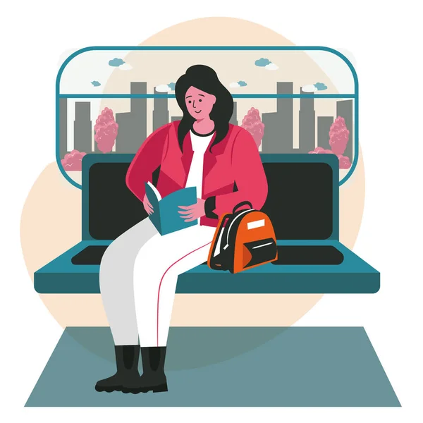 Literaturliebhaber mit Bücherszene-Konzept. Passagierin liest Buch, während sie U-Bahn fährt Lernen, Hobbys und Freizeitaktivitäten. Vektorillustration von Zeichen in flachem Design — Stockvektor
