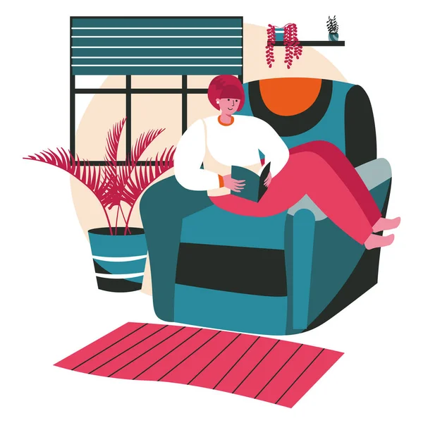 Les amateurs de littérature avec concept de scène de livres. Femme lit livre assis dans une chaise confortable à la maison. Apprentissage, loisirs et loisirs. Illustration vectorielle des caractères dans le dessin plat — Image vectorielle