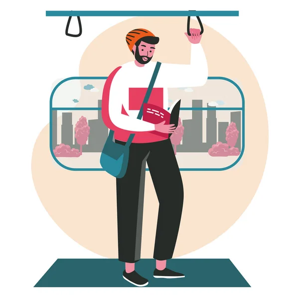 Gente amante de la literatura con concepto de escena de libros. El pasajero lee el libro parado en el metro. Actividades de aprendizaje, pasatiempos y ocio. Ilustración vectorial de personajes en diseño plano — Vector de stock