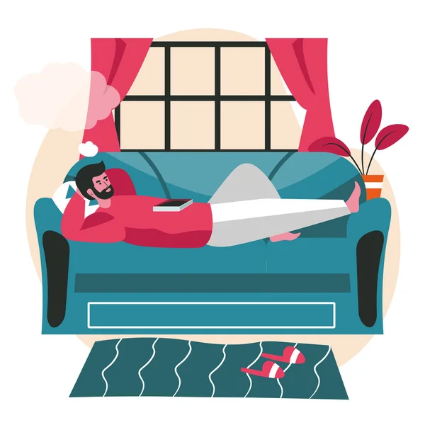 Dreaming people scene concept. Man lies on couch dreaming with empty bubble over his head. Imagination, relaxation, daydreaming people activities. Vector illustration of characters in flat design — Stock Vector