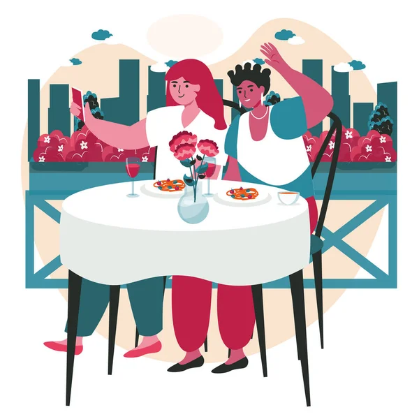 As pessoas usam smartphones em diferentes locais conceito de cena. Mulheres felizes tirando selfie no telefone celular em reunião em atividades de pessoas de restaurante. Ilustração vetorial de personagens em design plano — Vetor de Stock