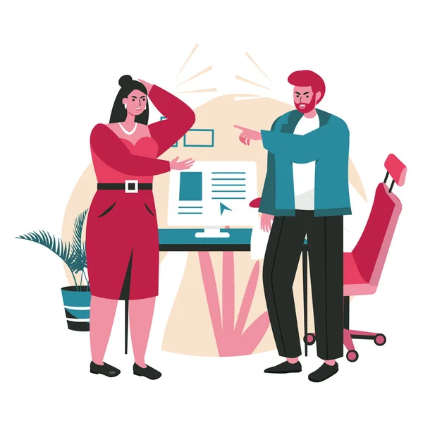 Maleducazione in un concetto di business team scena. Dipendenti o dirigenti uomini e donne che litigano. Problemi, conflitti, stress sul lavoro d'ufficio le attività delle persone. Illustrazione vettoriale dei personaggi in design piatto — Vettoriale Stock