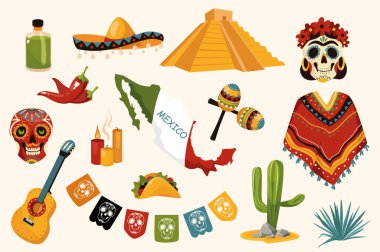 Meksika geleneksel tasarım unsurları. Tekila, sombrero, kafatası, panço, gitar, mum, kaktüs, marakas, kır, piramit koleksiyonu. Vektör illüstrasyonu düz çizgi film tarzında izole nesneler