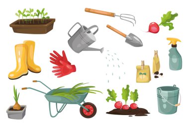 Bahçe aletleri tasarım elementleri ayarlandı. Tohum, lastik bot, eldiven, sulama kutusu, turp, tırmık, soğan, el arabası koleksiyonu. Vektör illüstrasyonu düz çizgi film tarzında izole nesneler