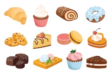Desserts and sweets design elements set. Collection of croissant, muffin, roll, donut, cookies, cake, pie, waffles and more confectionery. Vector illustration isolated objects in flat cartoon style clipart