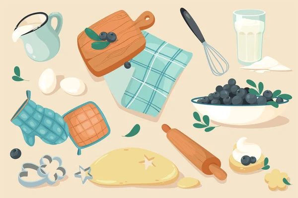 Εργαλεία κουζίνας για σετ στοιχείων αρτοποιίας. Συλλογή από αυγά, γάλα, ξύλο κοπής, σύρμα, χαρτοπετσέτα, αλεύρι, μύρτιλο, ζύμη mitt, μπισκότο. Εικονογράφηση διάνυσμα μεμονωμένα αντικείμενα σε επίπεδο στυλ κινουμένων σχεδίων — Διανυσματικό Αρχείο
