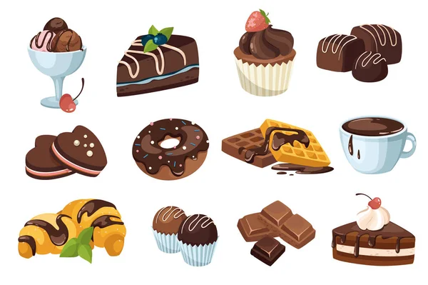 Sobremesas de chocolate conjunto de elementos de design. Coleção de sorvete, bolo, muffin, doces, donut, waffles, bebida quente, chocolate e confeitaria. Ilustração vetorial objetos isolados em estilo cartoon plano — Vetor de Stock