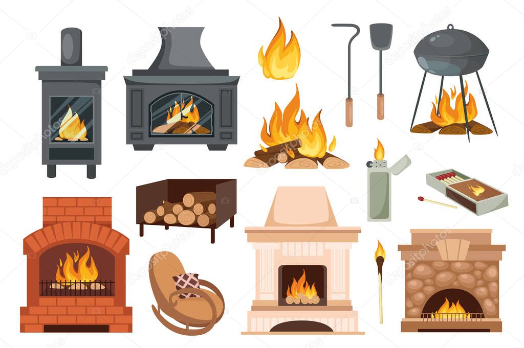 Fireplaces and hearths design elements set. Collection of various fireplaces, fire, burning wood, poker, shovel, rocking chair and more. Vector illustration isolated objects in flat cartoon style
