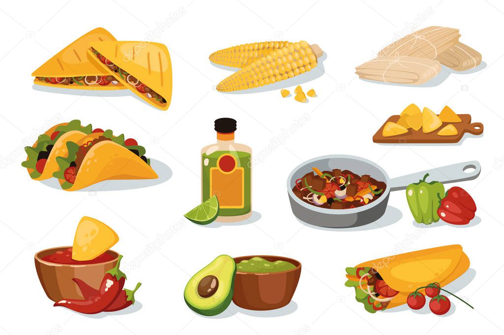 Mexican traditional food design elements set. Collection of restaurant menu, quesadilla, fajitas, tamale, burrito, guacamole, nachos, taco. Vector illustration isolated objects in flat cartoon style