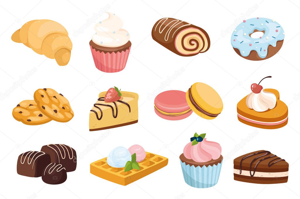 Desserts and sweets design elements set. Collection of croissant, muffin, roll, donut, cookies, cake, pie, waffles and more confectionery. Vector illustration isolated objects in flat cartoon style