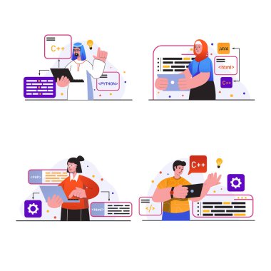 Çalışan konsept sahneleri programlanıyor. İnsanlar farklı dillerde programlar, kod yazarlar, test ederler ve optimize ederler, yazılım veya uygulamalar yaratırlar. Moda düz tasarımda vektör illüstrasyon koleksiyonu
