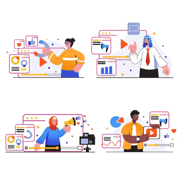 Conjunto de escenas conceptuales de video marketing. Las personas crean contenido de video, analizan datos, hacen campaña publicitaria, atraen clientes y seguidores. Colección de ilustración vectorial en diseño plano de moda — Vector de stock