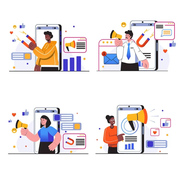 Social media marketing concept scènes ingesteld. Mensen voeren reclamecampagnes in sociale netwerken, promoten bedrijven met behulp van mobiele applicaties. Vector illustratie collectie in trendy flat design — Stockvector