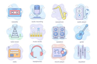 Müzik ve radyo istasyonu konsepti düz simgeler seti. Bir deste kaset, ses kaydı, saksafon, seviyeler, gitar, kulaklık, dengeleyici ve diğerleri. Mobil uygulama için vektör kavramsal paket renk simgeleri