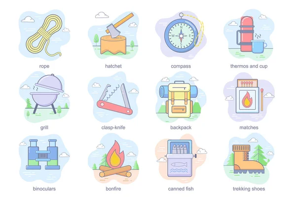 Conjunto de iconos planos de concepto de camping y actividad al aire libre. Paquete de equipo de senderismo, cuerda, hacha, brújula, termo, taza, parrilla, mochila y otros. Paquete conceptual vectorial símbolos de color para aplicación móvil — Vector de stock