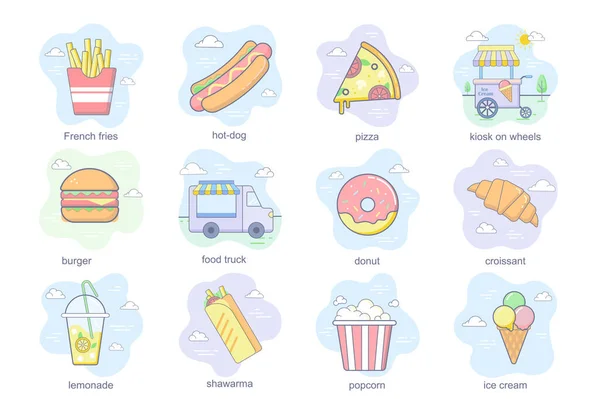 Fast food concept flat icons set. Bundle of hot dog, pizza, kiosk on wheels, burger, food truck, donut, croissant, lemonade, ice cream and other. Vector conceptual pack color symbols for mobile app — Stock Vector