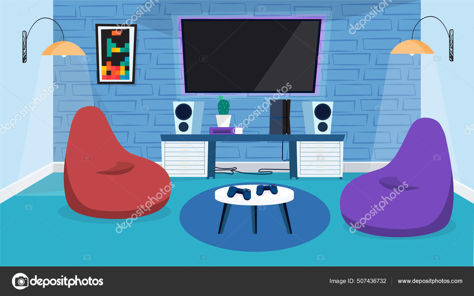 Video game room interior concept in flat cartoon Huge