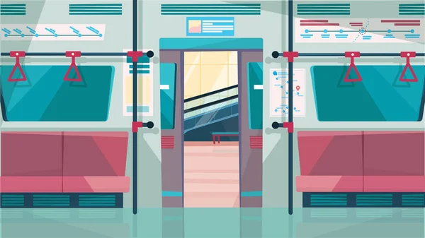 Düz çizgi film dizaynında açık kapı konsepti olan metro vagonu. Yolcu koltukları ve tırabzanları olan metro salonu. Modern şehir ulaşımı. Vektör illüstrasyon yatay arkaplanı