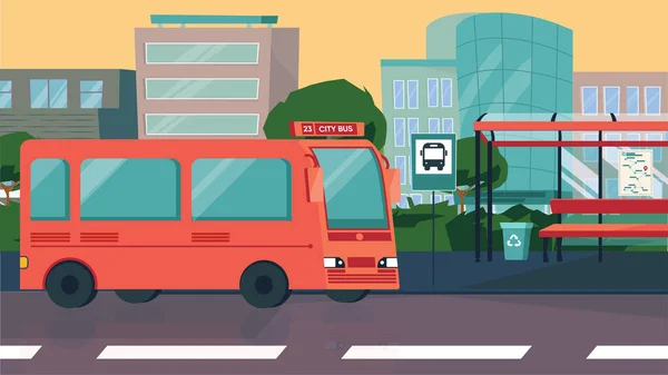 Parada de autobús en concepto de ciudad en diseño plano de dibujos animados. Autobús esperando pasajeros, estación con banco, paisaje urbano. Transporte urbano público moderno, infraestructura. Ilustración vectorial fondo horizontal — Vector de stock