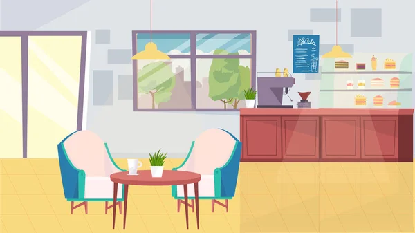 Koffie winkel interieur concept in platte cartoon ontwerp. Barista tafel met koffiezetapparaat, menu, vitrine met desserts, tafel met fauteuils, deur en raam. Vector illustratie horizontale achtergrond — Stockvector