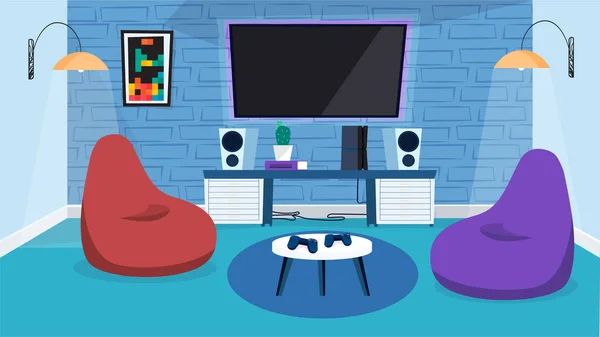 Concepto interior de sala de videojuegos en diseño plano de dibujos animados. Gran monitor en la pared, altavoces de música, sillones bolsas, mesa con joysticks, decoración e iluminación. Ilustración vectorial fondo horizontal — Vector de stock