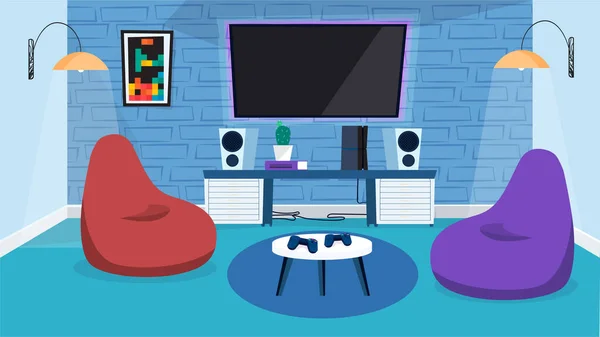 Concepto interior de sala de videojuegos en diseño plano de dibujos animados. Gran monitor en la pared, altavoces de música, sillones bolsas, mesa con joysticks, decoración e iluminación. Ilustración vectorial fondo horizontal — Archivo Imágenes Vectoriales