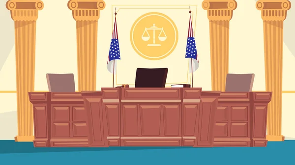 Courtroom interieur concept in platte cartoon design. Rechter werkplek aan grote tafel, secretaresse plaats, vlaggen, kolommen, teken van schalen van rechtvaardigheid. Jurisprudentie. Vector illustratie horizontale achtergrond — Stockvector